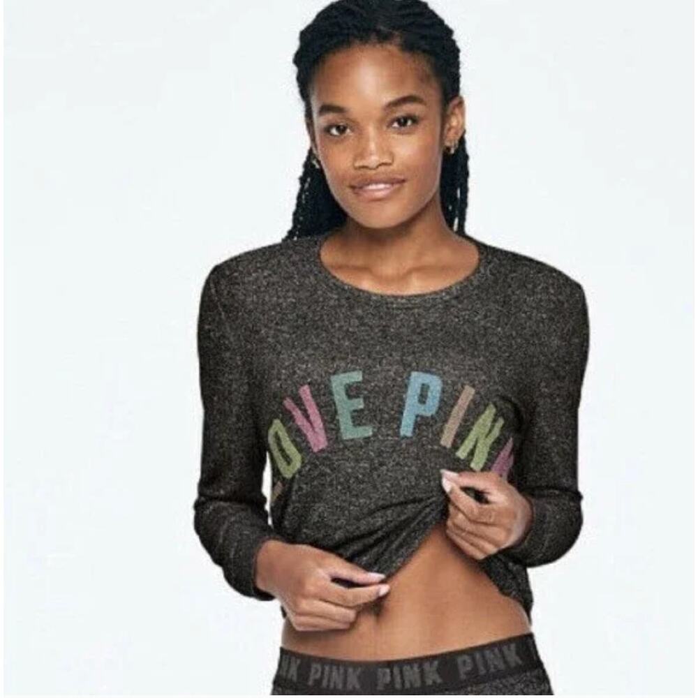 PINK Victoria's Secret Sleep Shirt Rainbow Logo Size Medium Grey Long Sleeves